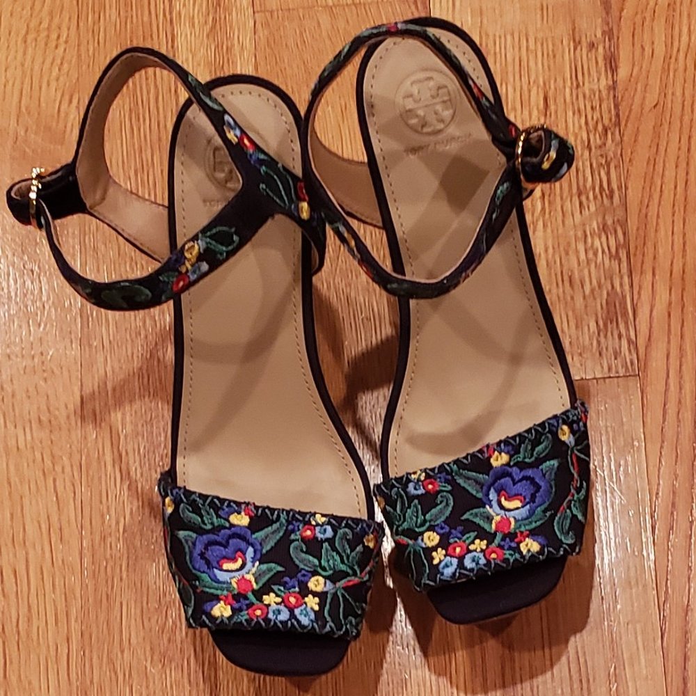 Tory Burch Black Embroidered Floral Ankle-Strap Sandals
